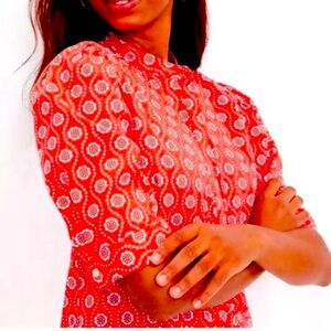 Ann Taylor LOFT Geo Puff Sleeve Red Cotton Blouse
